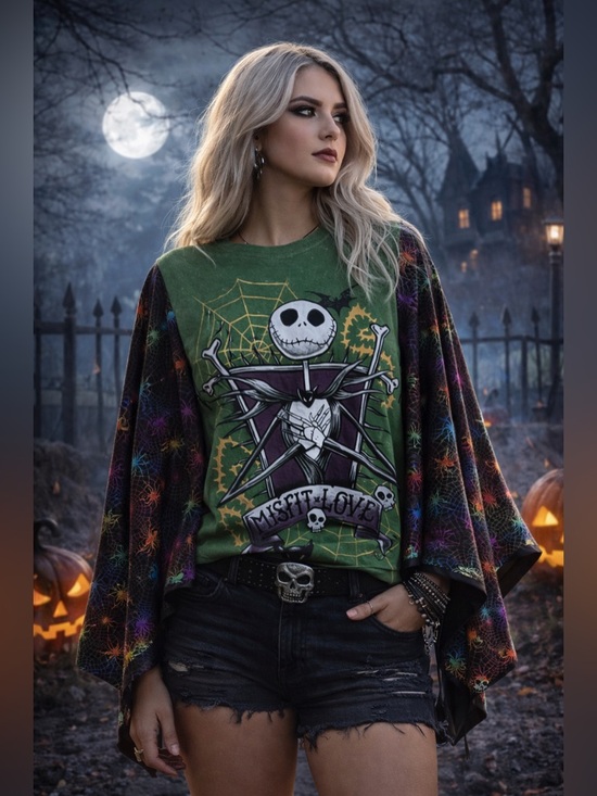 Handmade Tops - Custom Upcycled Nightmare Before Christmas Kimono Poncho Spider Web Sleeves Top